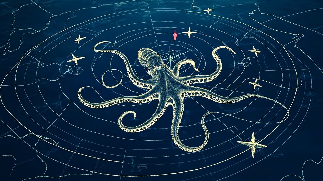 Night navigation chart: an octopus air-traffic controller routing a fleet across radar rings and waypoint fixes