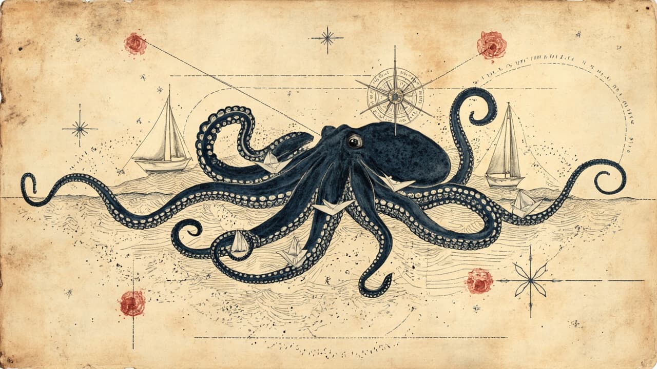 Antique nautical chart illustration: an ink octopus harbormaster guiding a fleet of paper boats